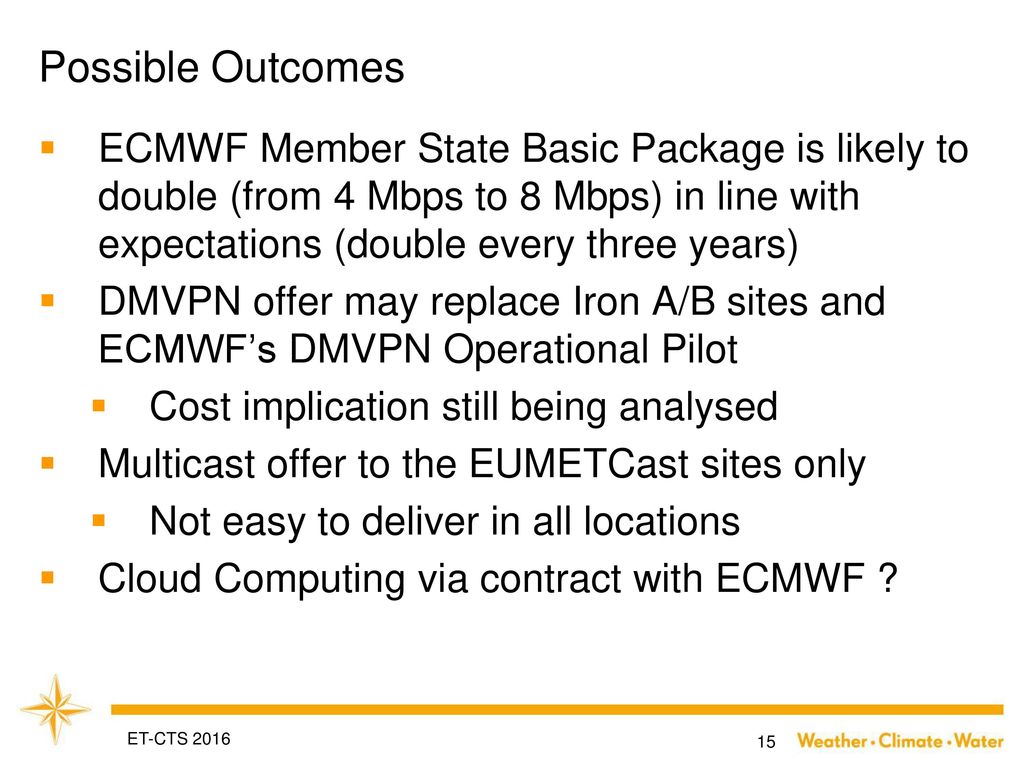 Possible Outcomes ECMWF Member State Basic Package is likely to double (from 4 Mbps to 8 Mbps) in line with expectations (double every three years)