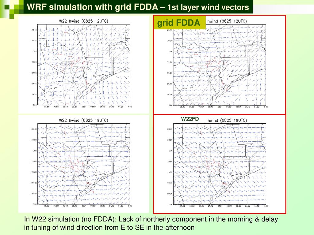 WRF simulation with grid FDDA – 1st layer wind vectors