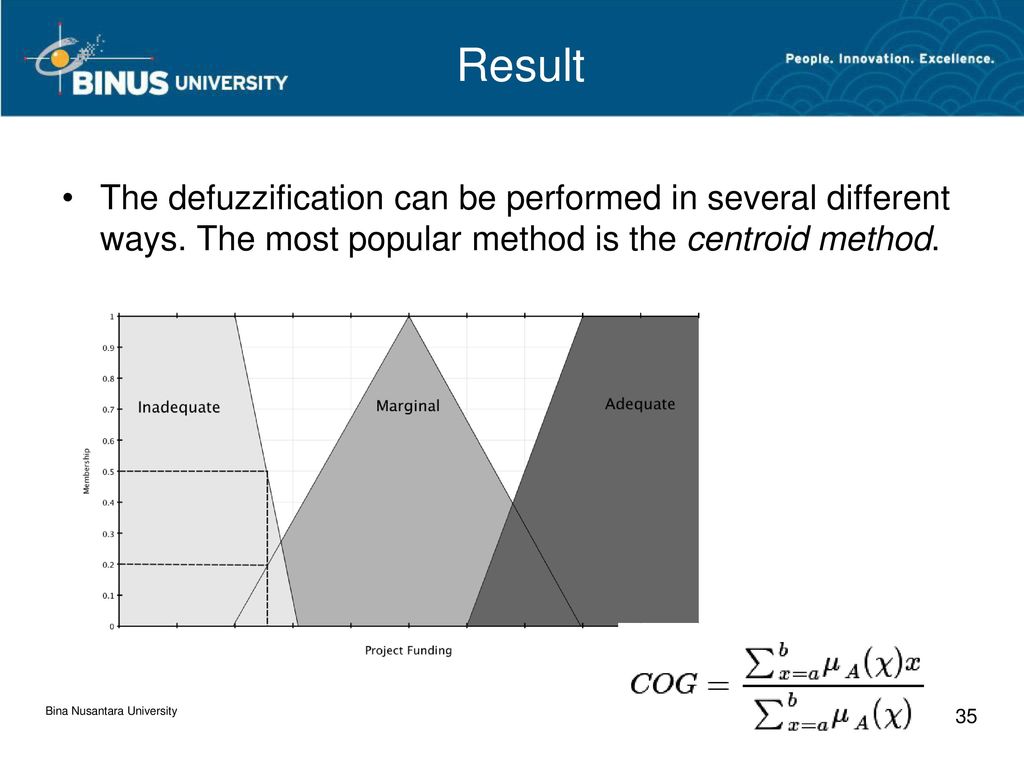 Result The defuzzification can be performed in several different ways. The most popular method is the centroid method.