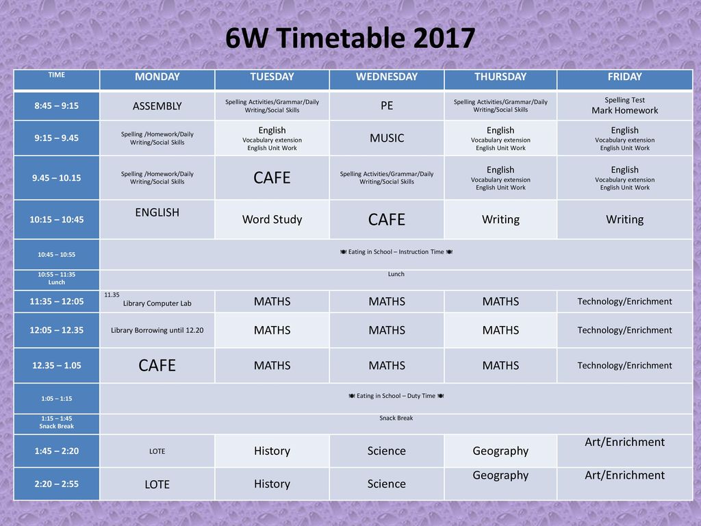 6W Timetable 2017 CAFE PE MUSIC ENGLISH Word Study Writing MATHS