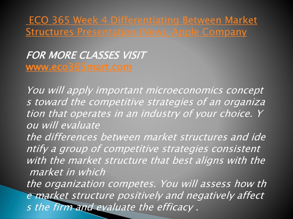 ECO 365 Week 4 Differentiating Between Market Structures Presentation (New), Apple Company