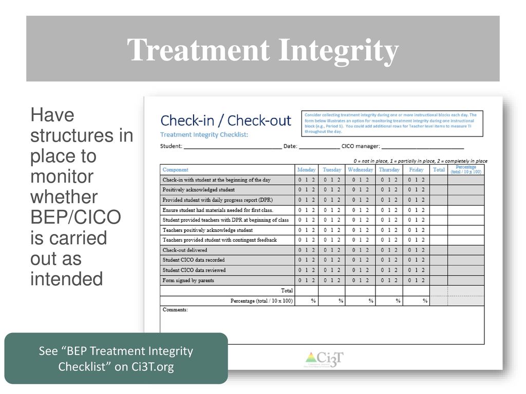 See BEP Treatment Integrity Checklist on Ci3T.org
