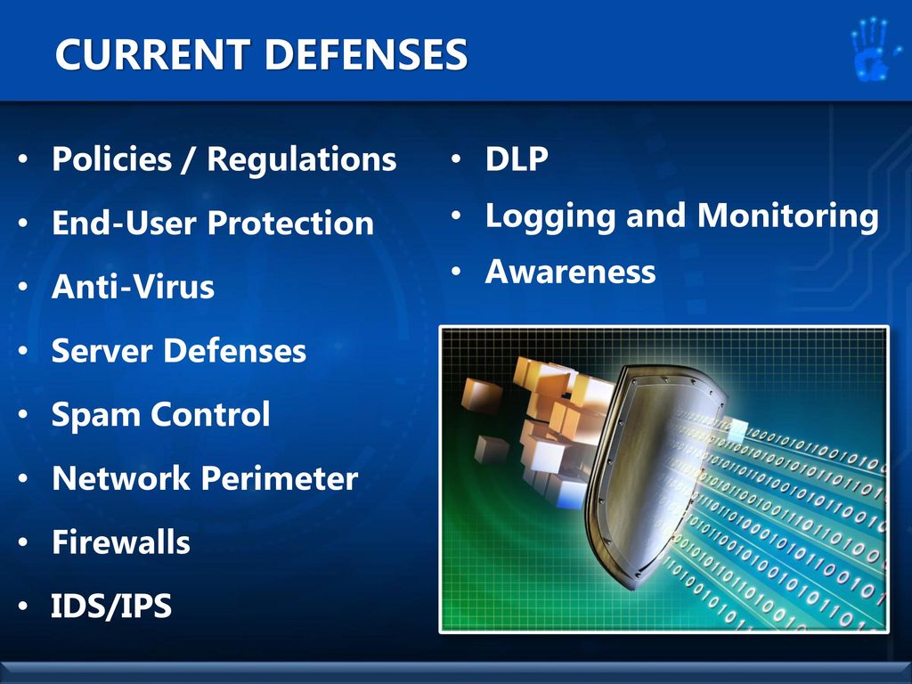 CURRENT DEFENSES Policies / Regulations End-User Protection Anti-Virus