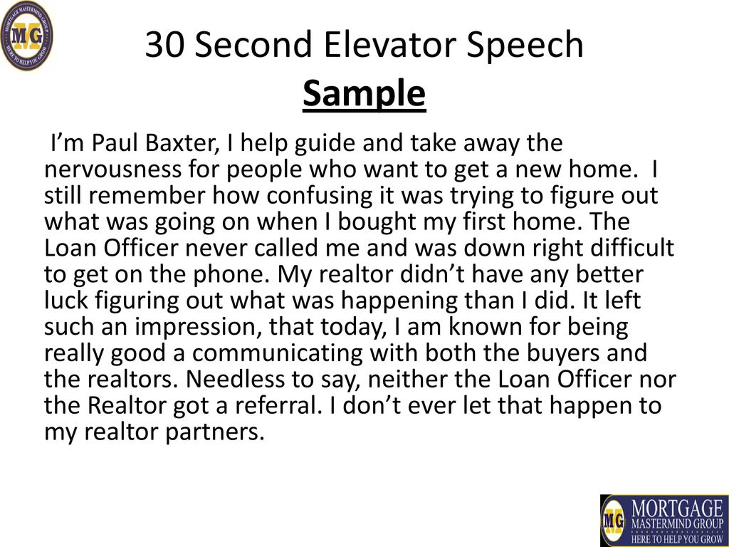 30 second elevator speech samples 30 second elevator speech