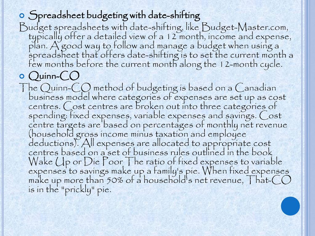 Spreadsheet budgeting with date-shifting