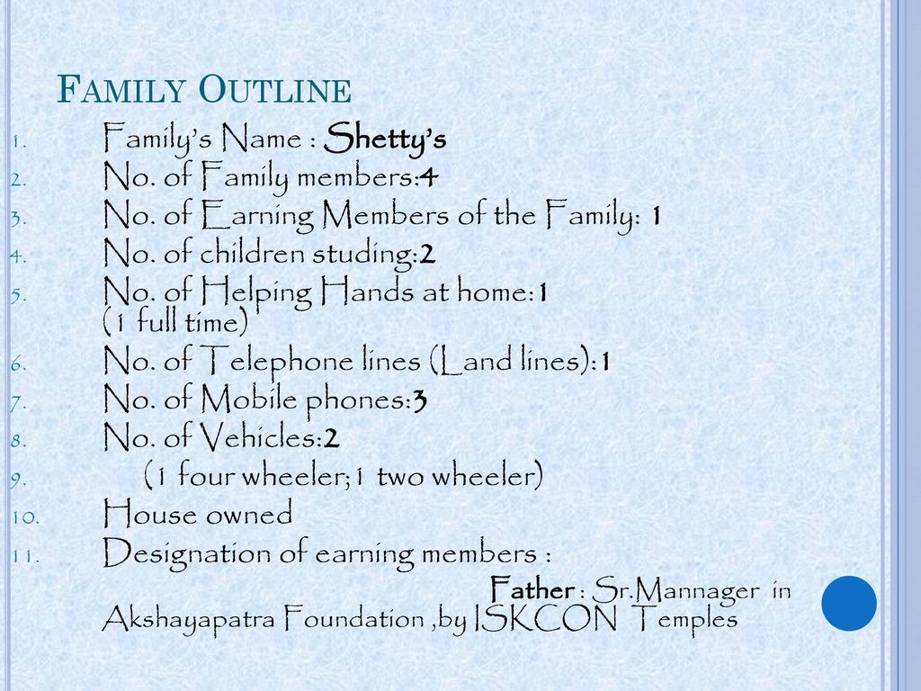 Family Outline Family’s Name : Shetty’s No. of Family members:4