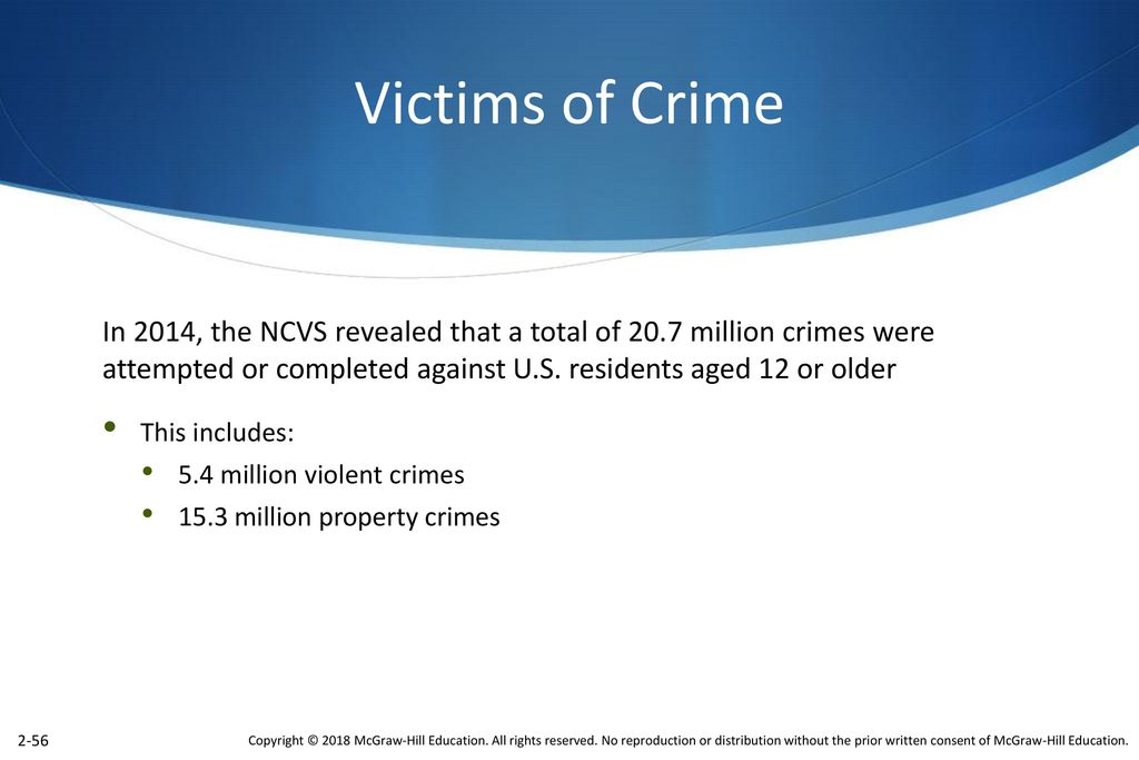 Victims of Crime In 2014, the NCVS revealed that a total of 20.7 million crimes were attempted or completed against U.S. residents aged 12 or older.