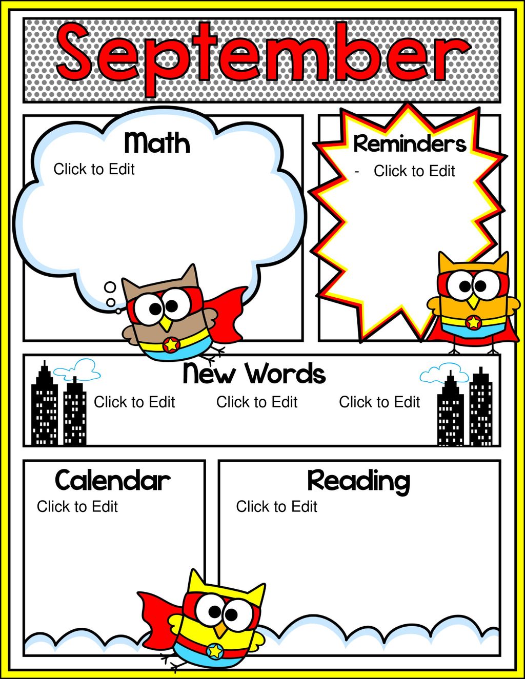 September Math New Words Calendar Reading Reminders Click to Edit