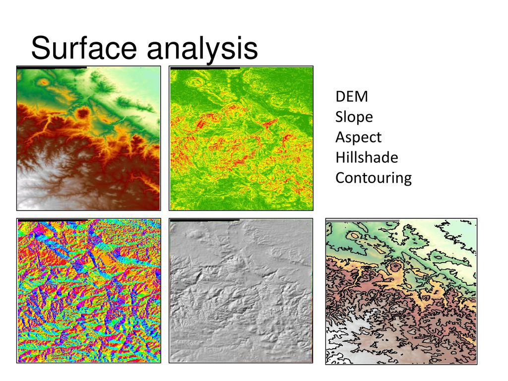 Surface analysis DEM Slope Aspect Hillshade Contouring