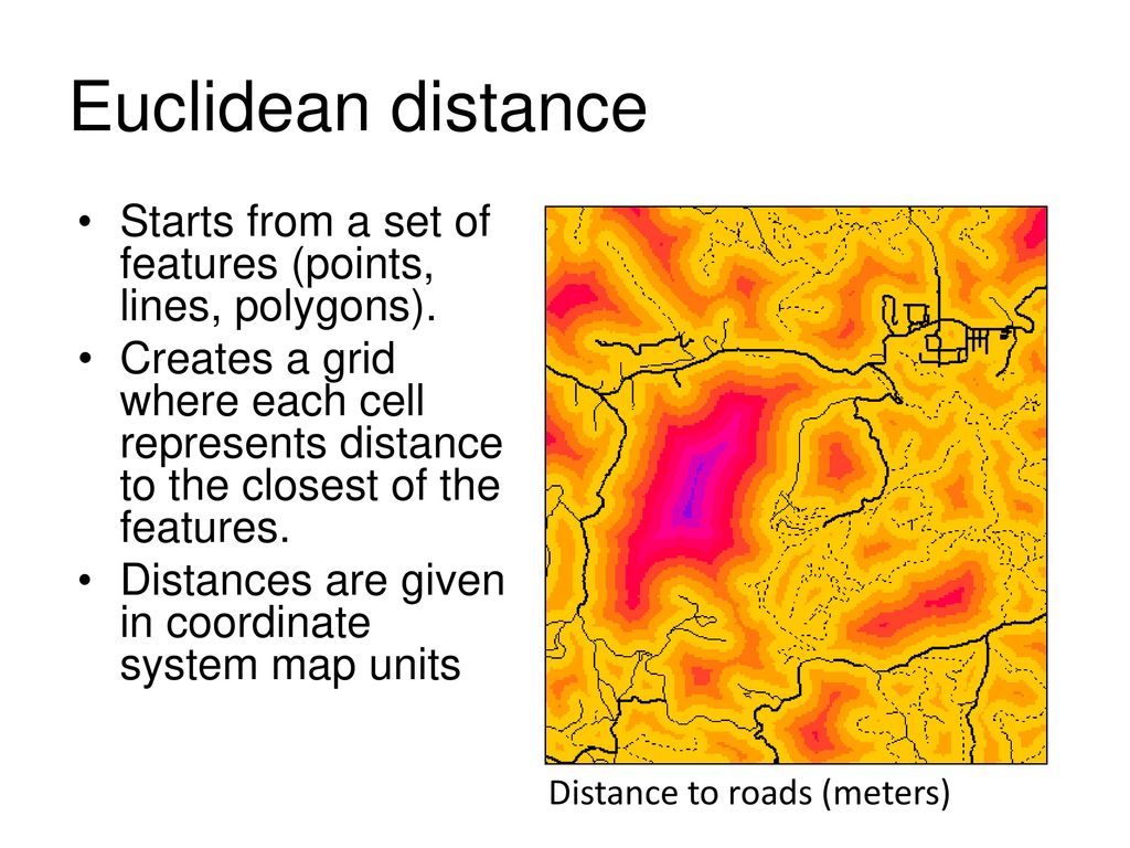 Euclidean distance Starts from a set of features (points, lines, polygons).