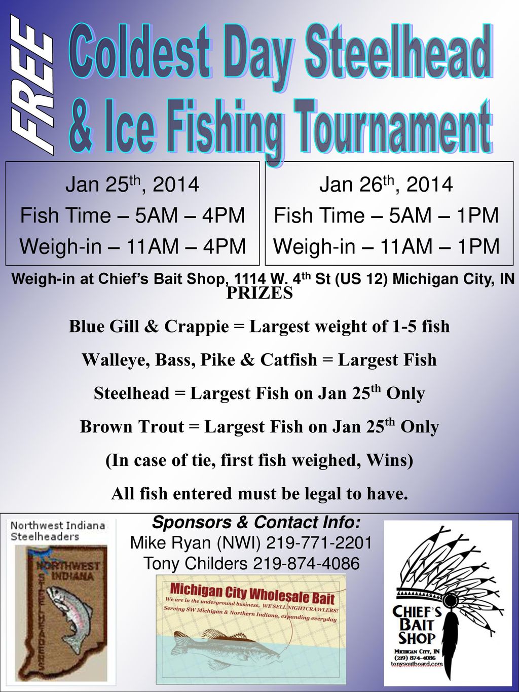 Jan 25th, 2014 Fish Time – 5AM – 4PM Weigh-in – 11AM – 4PM