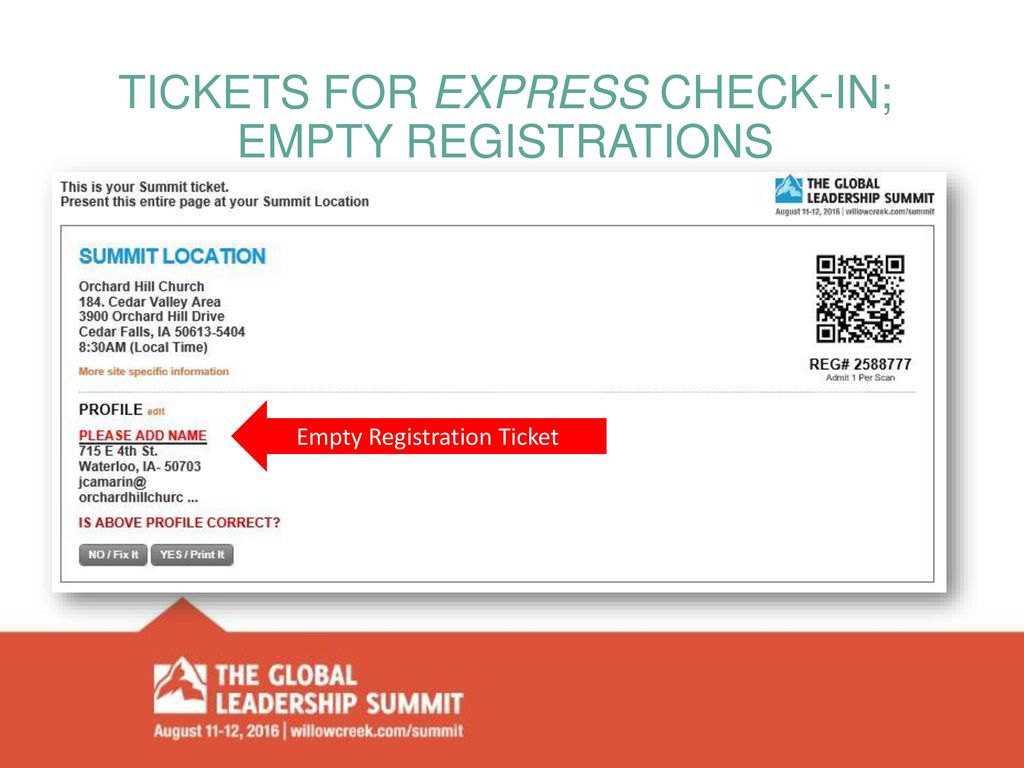 Tickets for express check-in; empty registrations