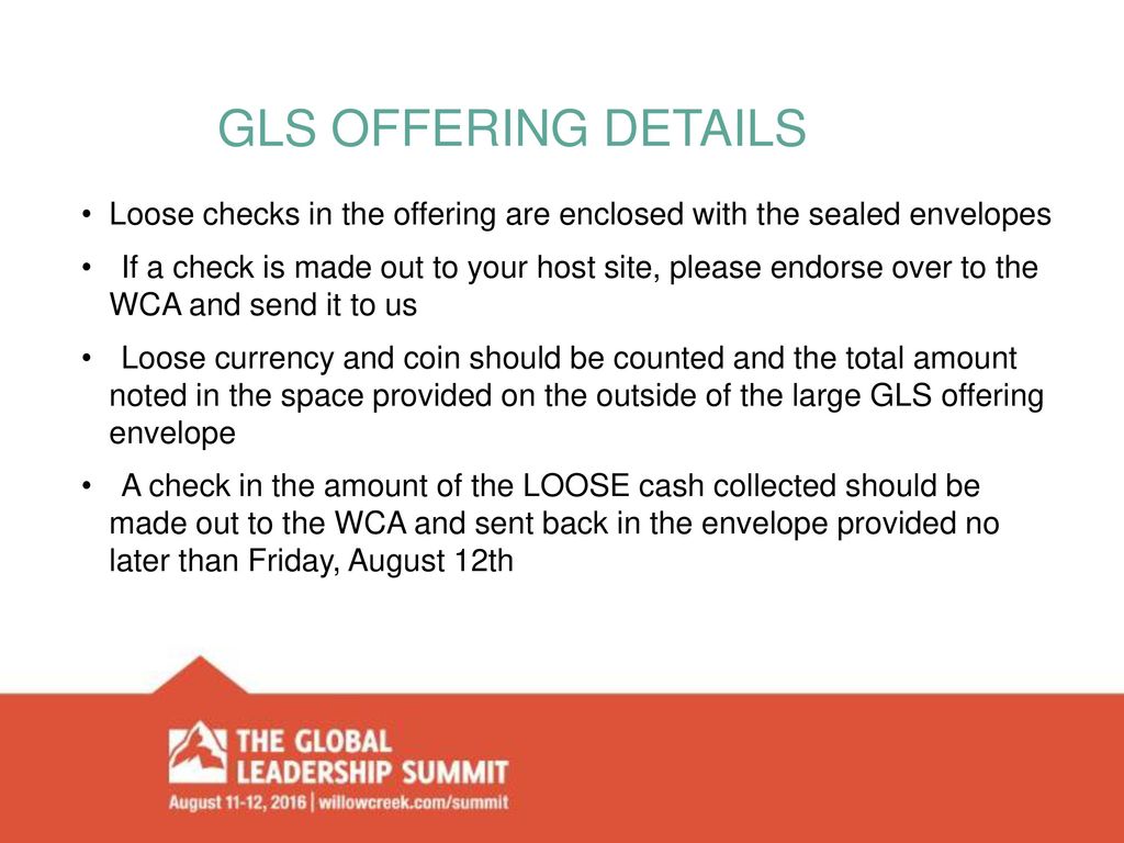 Gls offering details Loose checks in the offering are enclosed with the sealed envelopes.