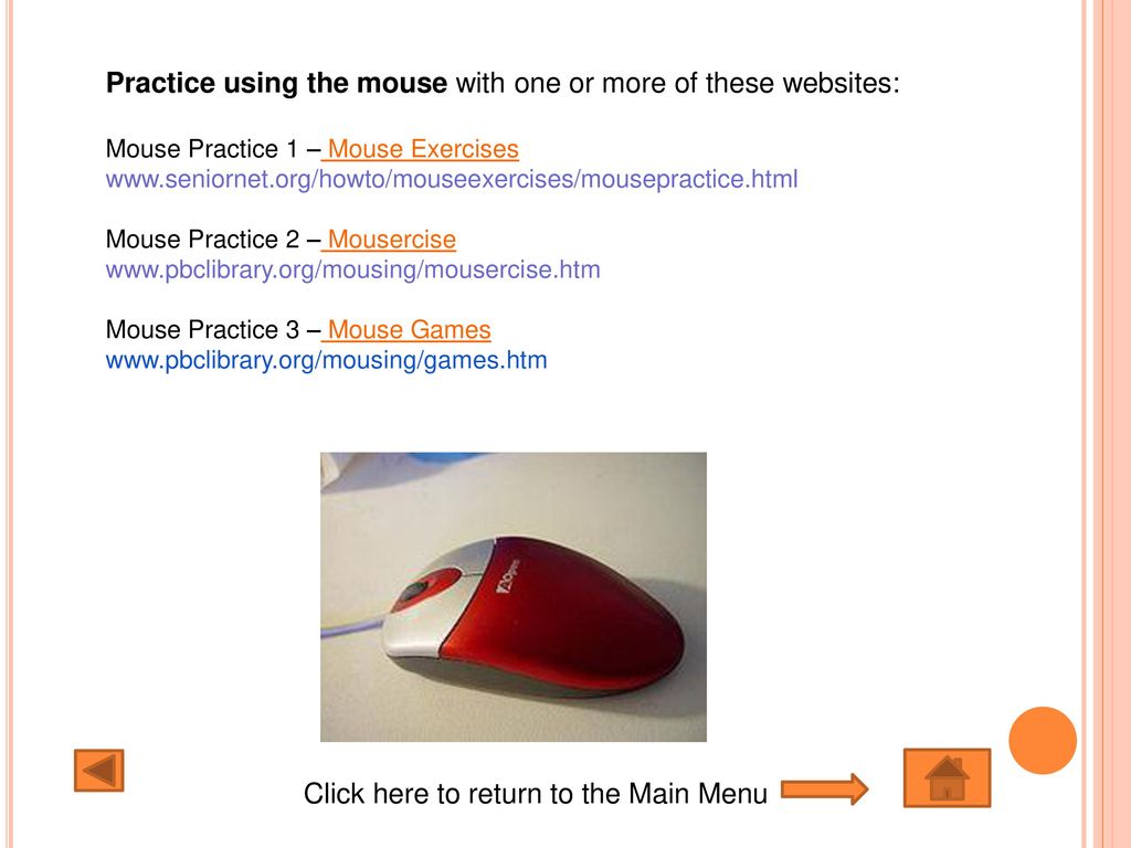 Practice your mousing skills with the following Mousercise, Elementary  mouse practice game
