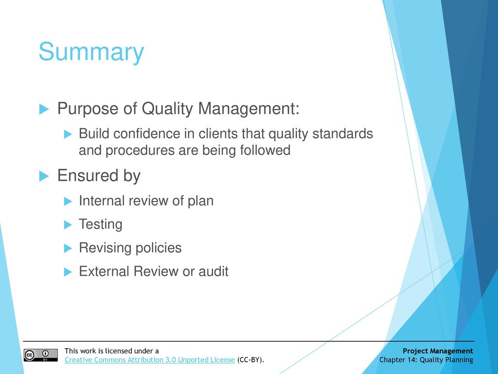 Summary Purpose of Quality Management: Ensured by