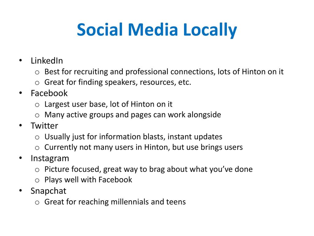 Social Media Locally LinkedIn Facebook Twitter Instagram Snapchat