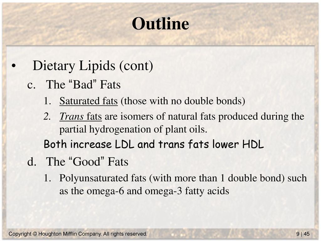 Outline Dietary Lipids (cont) The Bad Fats The Good Fats