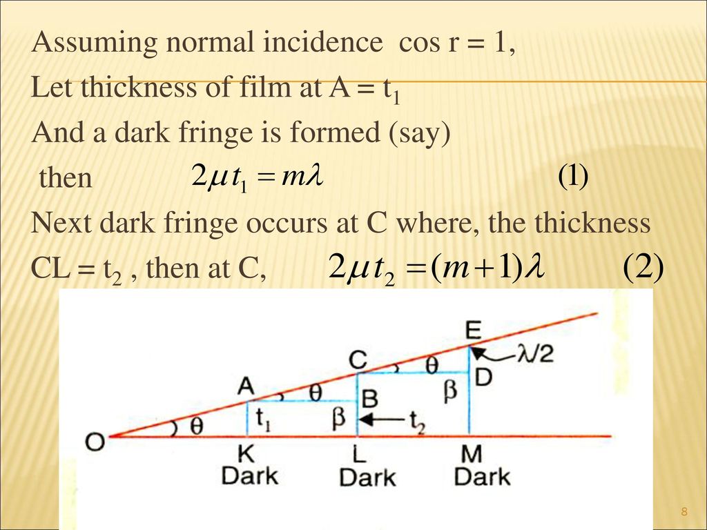 Determination of the thickness of paper by obtaining fringes in wedge  shaped air film.