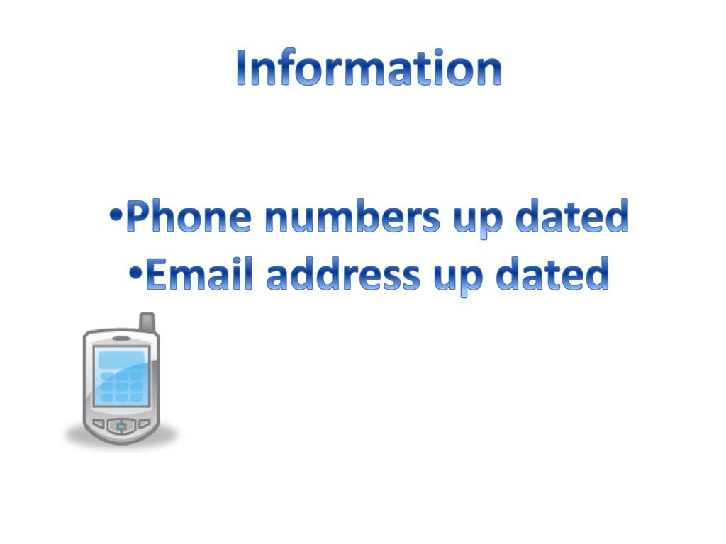 Information Phone numbers up dated  address up dated
