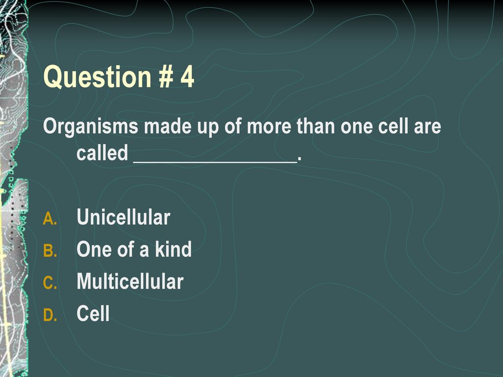 Question # 4 Organisms made up of more than one cell are called ________________. Unicellular. One of a kind.
