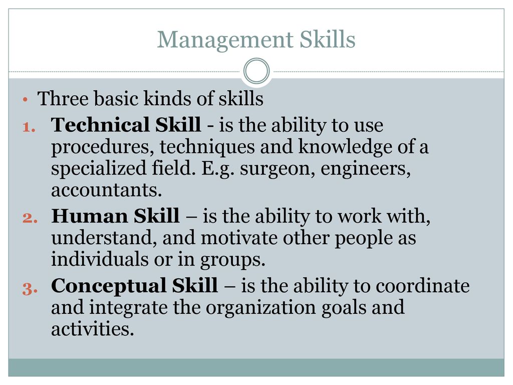 Management Skills Three basic kinds of skills