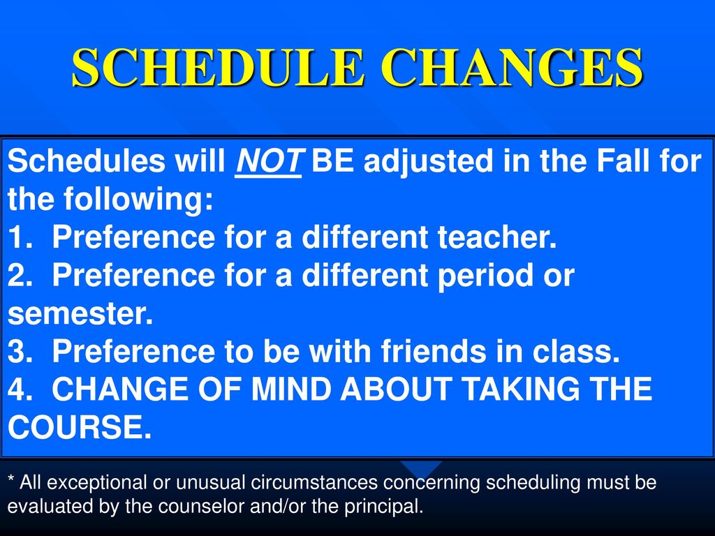 SCHEDULE CHANGES Schedules will NOT BE adjusted in the Fall for the following: 1. Preference for a different teacher.