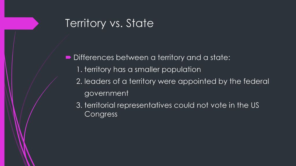Territory vs. State Differences between a territory and a state: