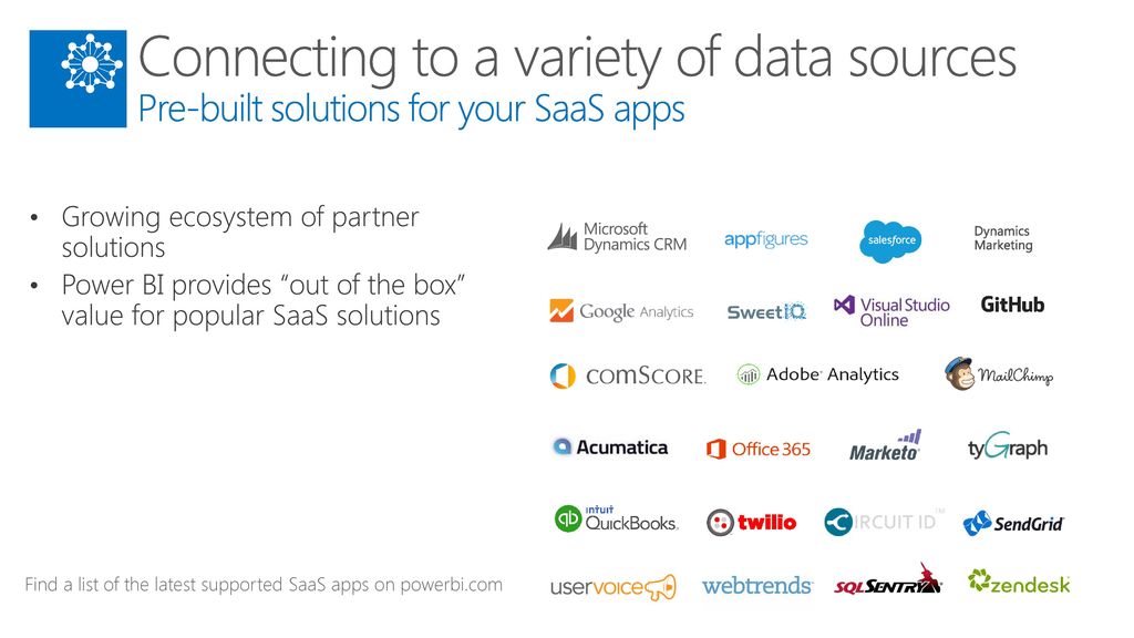 5/5/2018 9:40 AM Connecting to a variety of data sources Pre-built solutions for your SaaS apps. Growing ecosystem of partner solutions.