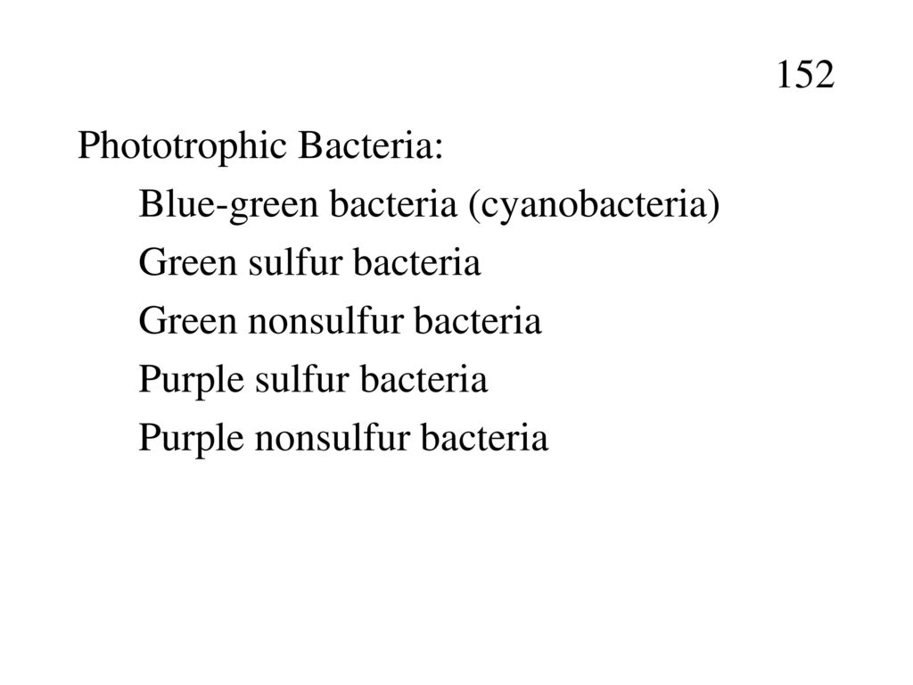 152 Phototrophic Bacteria: Blue-green bacteria (cyanobacteria) Green sulfur bacteria. Green nonsulfur bacteria.