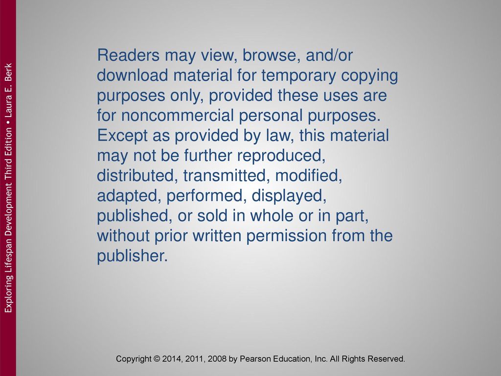 Readers may view, browse, and/or download material for temporary copying purposes only, provided these uses are for noncommercial personal purposes. Except as provided by law, this material may not be further reproduced, distributed, transmitted, modified, adapted, performed, displayed, published, or sold in whole or in part, without prior written permission from the publisher.