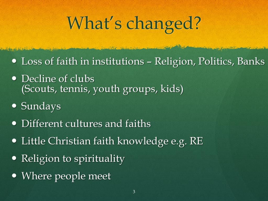 What’s changed Loss of faith in institutions – Religion, Politics, Banks.