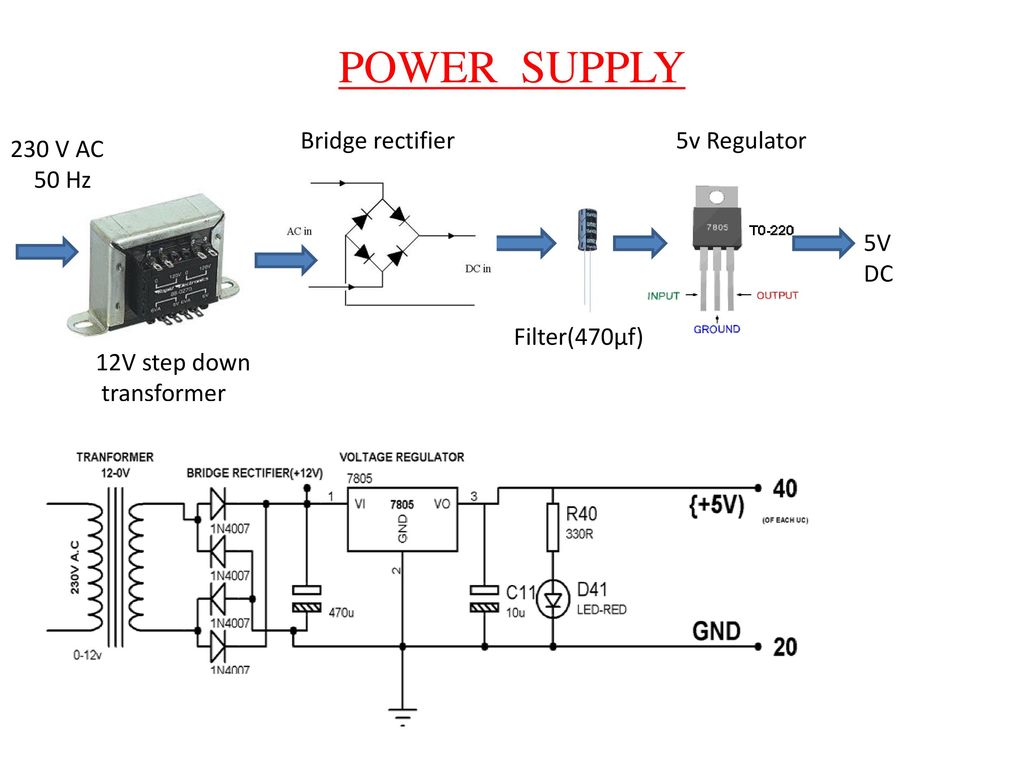 POWER SUPPLY Bridge rectifier 5v Regulator 230 V AC 50 Hz 5V DC