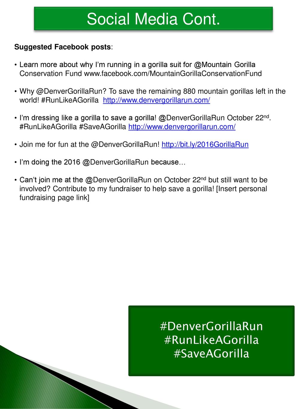 Social Media Cont. #DenverGorillaRun #RunLikeAGorilla #SaveAGorilla