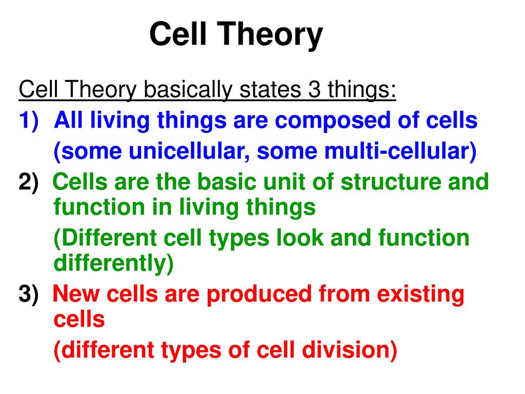 Cell Theory Cell Theory basically states 3 things: