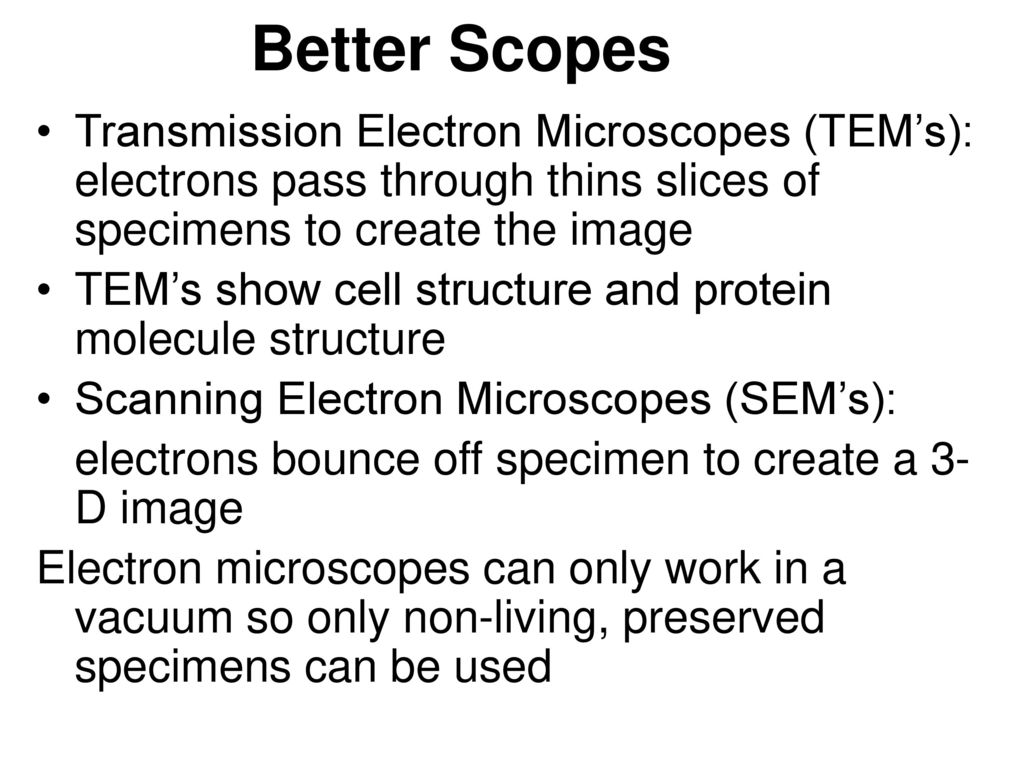 Better Scopes Transmission Electron Microscopes (TEM’s): electrons pass through thins slices of specimens to create the image.