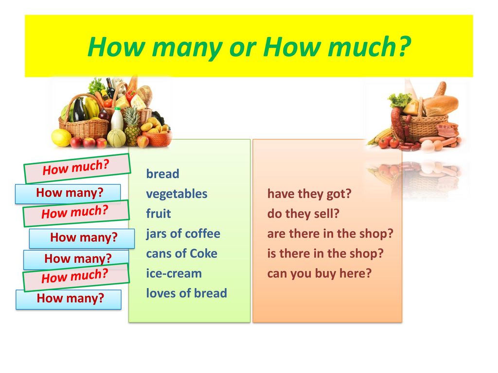 How many or How much bread vegetables fruit jars of coffee.