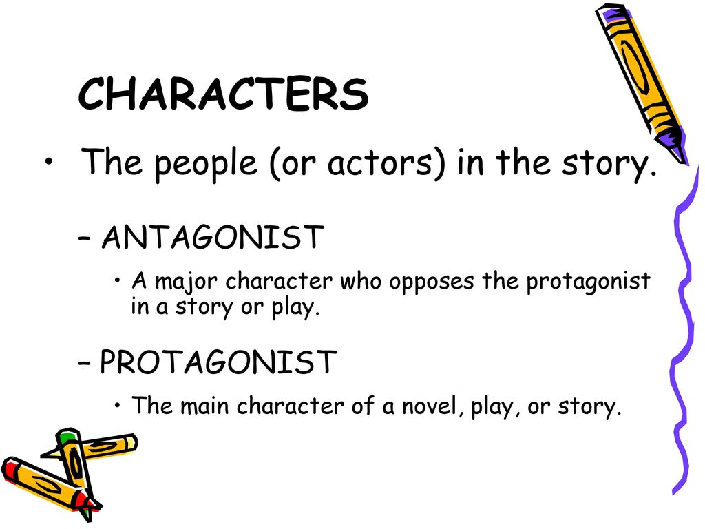 CHARACTERS The people (or actors) in the story. ANTAGONIST PROTAGONIST