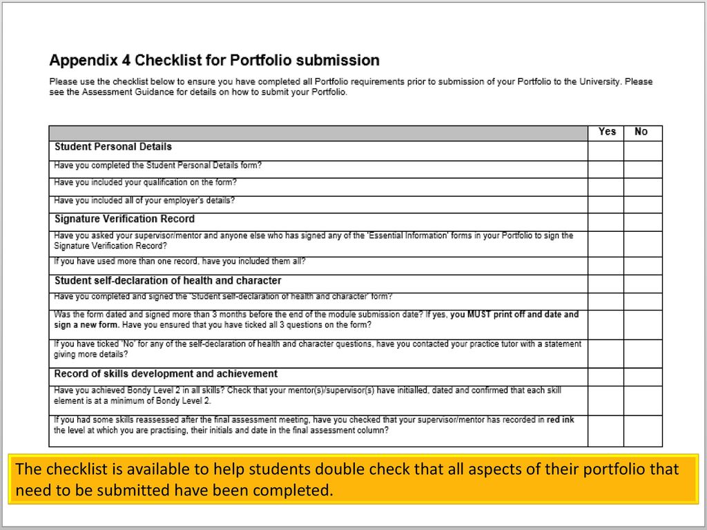 The checklist is available to help students double check that all aspects of their portfolio that need to be submitted have been completed.