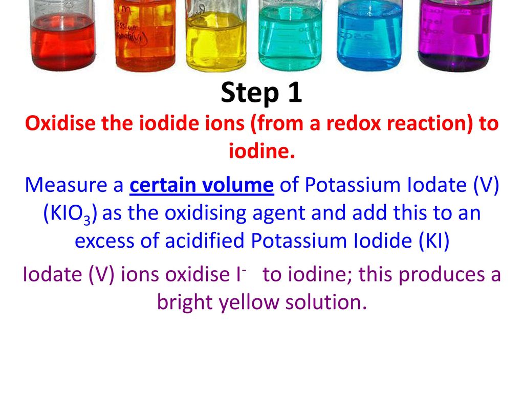 Oxidise the iodide ions (from a redox reaction) to iodine.