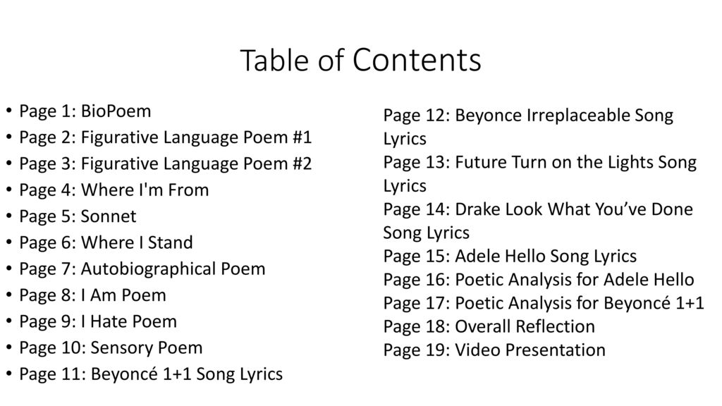 Table Of Contents Page 1 Biopoem Page 2 Figurative Language Poem 1 Ppt Download