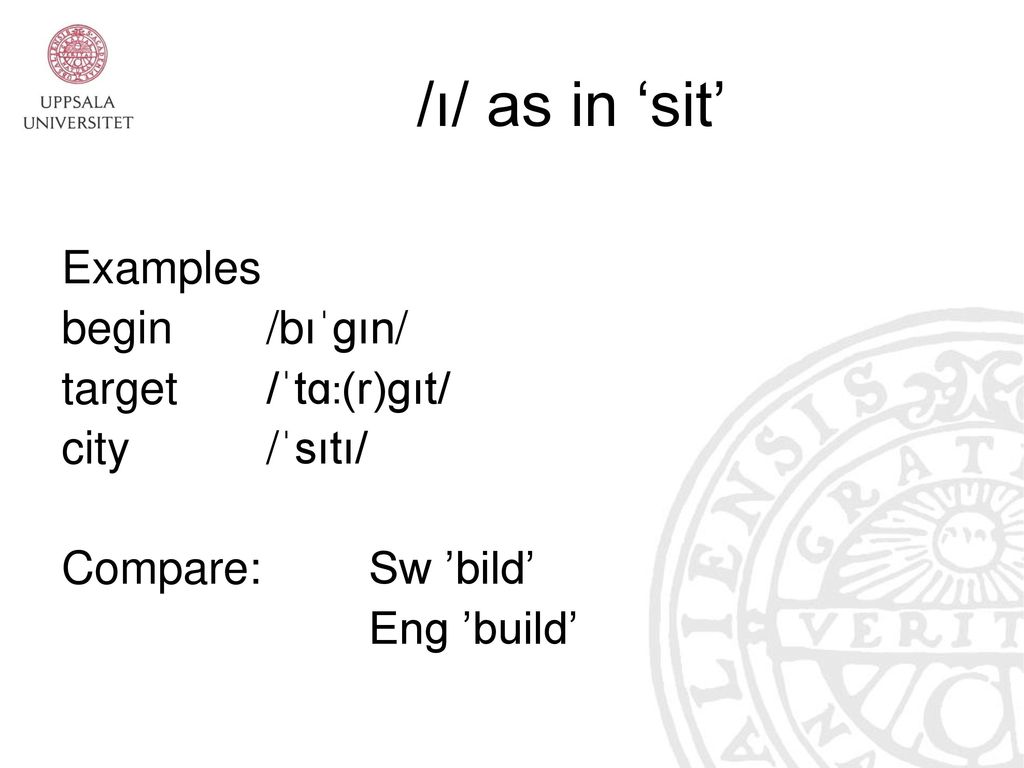 /ı/ as in ‘sit’ Examples begin /bıˈgın/ target /ˈtɑ:(r)gıt/
