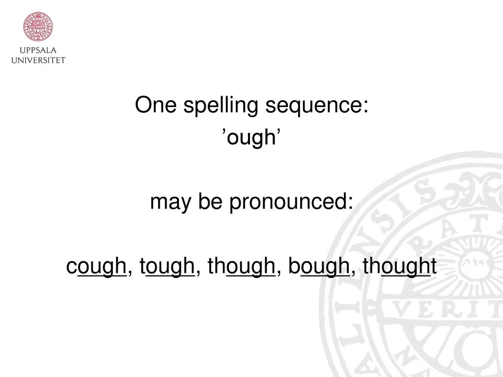 One spelling sequence: ’ough’ may be pronounced: cough, tough, though, bough, thought