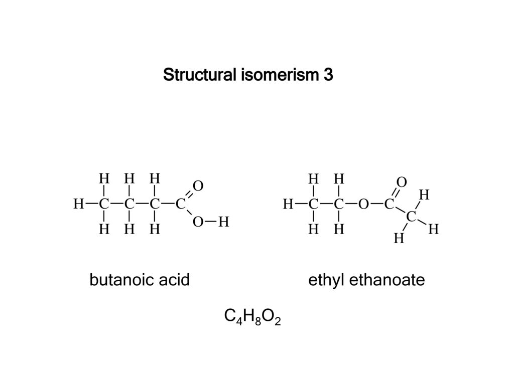 Structural isomerism 3 butanoic acid ethyl ethanoate C4H8O2.