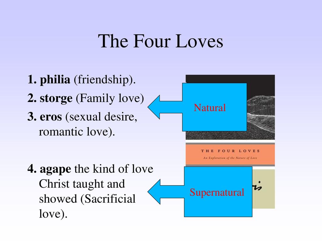 4. agape the kind of love Christ taught and showed (Sacrificial love). 