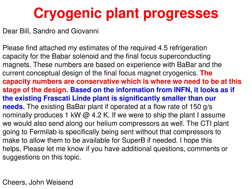 Cryogenic plant progresses