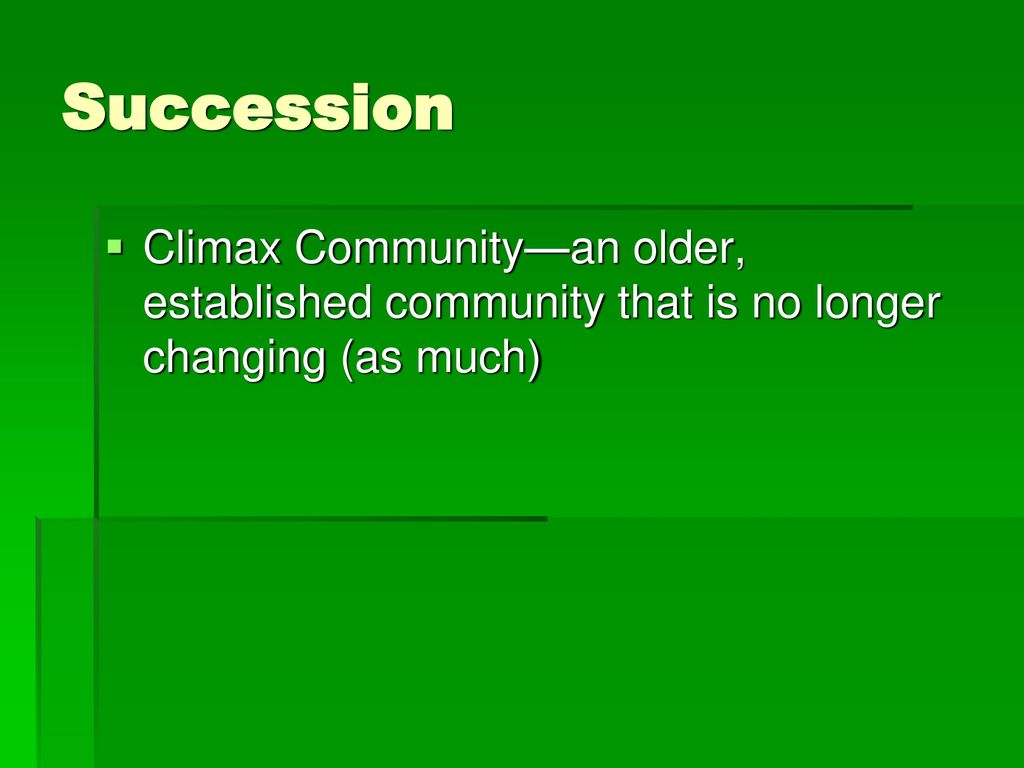 Succession Climax Community—an older, established community that is no longer changing (as much)