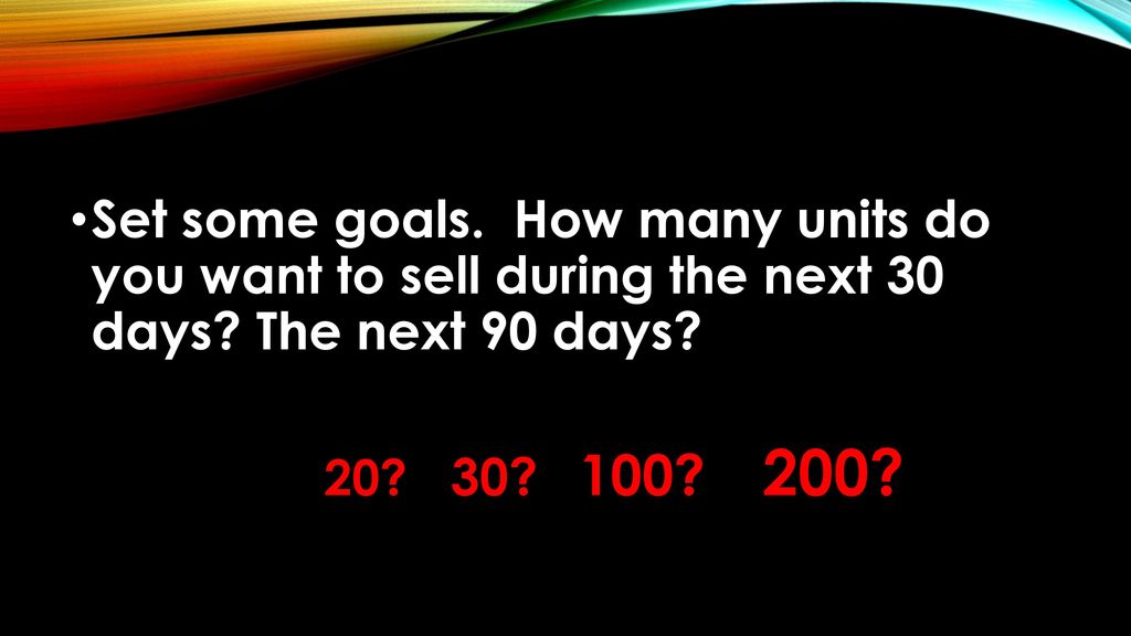 Set some goals. How many units do you want to sell during the next 30 days The next 90 days