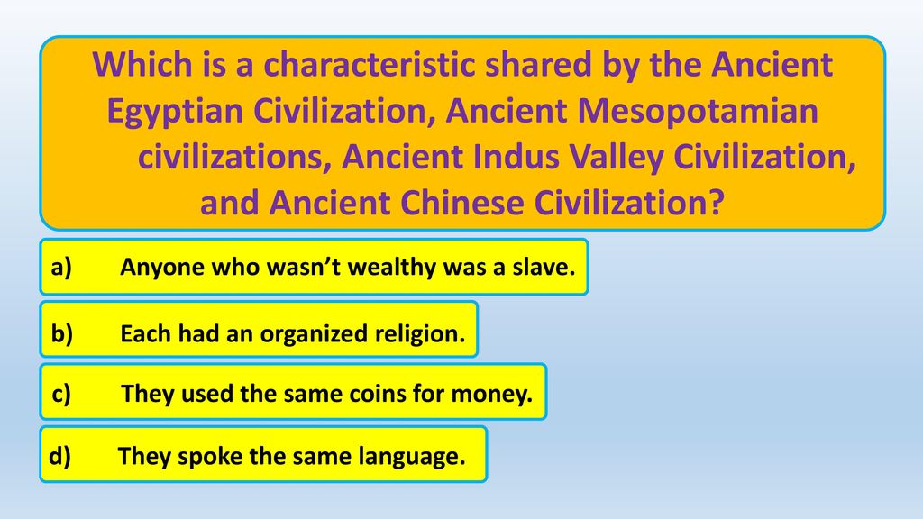Which is a characteristic shared by the Ancient Egyptian Civilization, Ancient Mesopotamian civilizations, Ancient Indus Valley Civilization, and Ancient Chinese Civilization