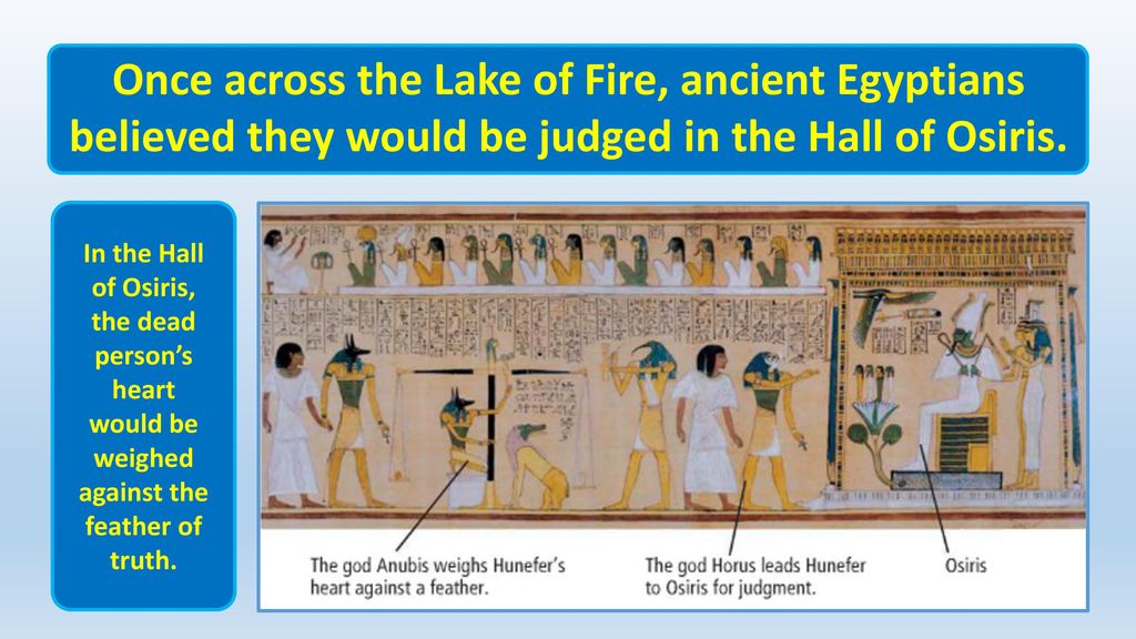 Once across the Lake of Fire, ancient Egyptians believed they would be judged in the Hall of Osiris.