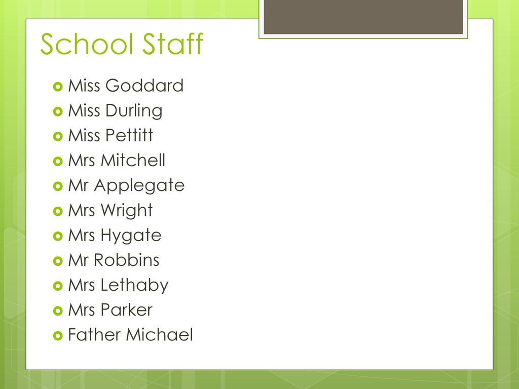 School Staff Miss Goddard Miss Durling Miss Pettitt Mrs Mitchell